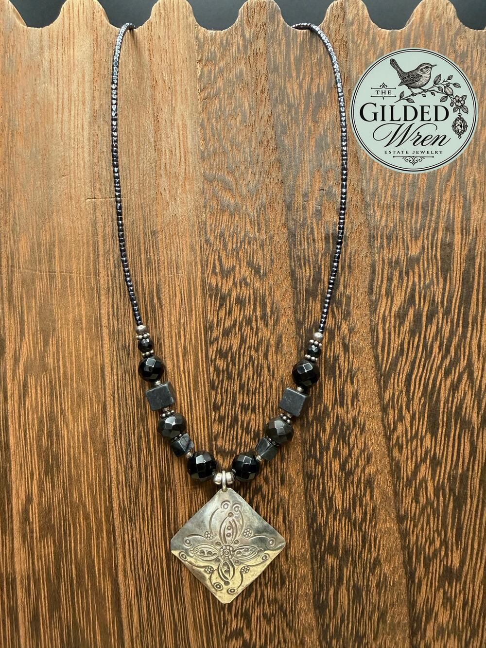 Artisan Sterling Silver Black Glass Stone Bead Pendant Necklace 17”